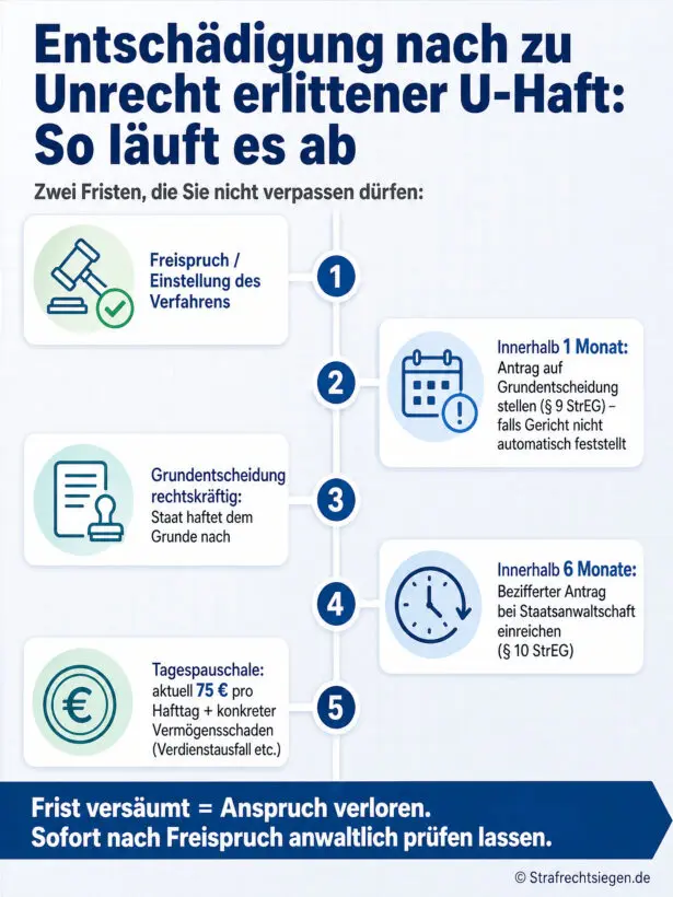 Infografik: Zeitstrahl zum Ablauf und zu den Fristen der Entschädigung nach zu Unrecht erlittener Untersuchungshaft.