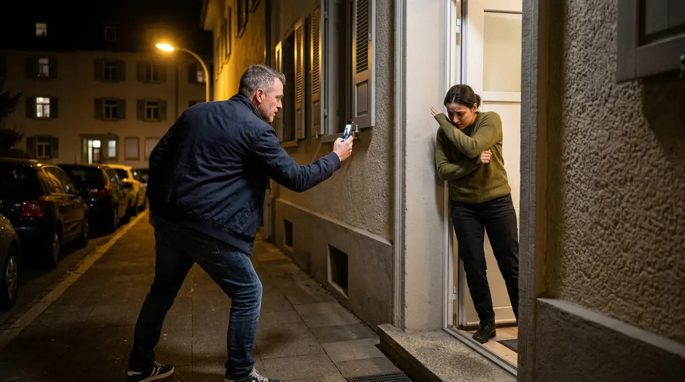 Ein Mann bedroht einen Zeugen an einer Haustür mit einem Smartphone in der Nacht zur Illustration von Verdunkelungsgefahr.