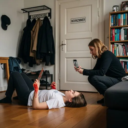 Eine junge Frau inszeniert mit einem Ketchup-Messer einen vermeintlichen Suizid, während ihre Komplizin die Szene mit dem Smartphone filmt, um den später zur Anklage führenden Missbrauch des Notrufs zu belegen.