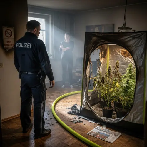 Ein Polizeibeamter begutachtet die bei einer fragwürdigen Hausdurchsuchung entdeckten Cannabispflanzen, die als unerlaubte Anbau-Beweismittel den im Hintergrund stehenden Angeklagten überführten.