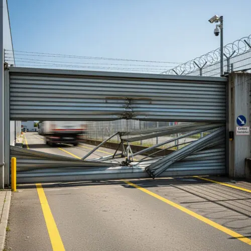Ein Lastwagen hat auf einem Betriebsgelände ein Rolltor beschädigt, dessen 2.800 Euro Schaden die Sicherheitskamera dokumentiert, während sich der Fahrer unerlaubt vom Unfallort entfernte.