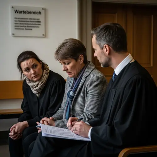 Eine vermeintliche Geschädigte einer falschen Verdächtigung studiert mit ihrem Rechtsbeistand und einer zentralen Zeugin den gerichtlichen Ablehnungsbescheid ihres Antrags auf Nebenklage.