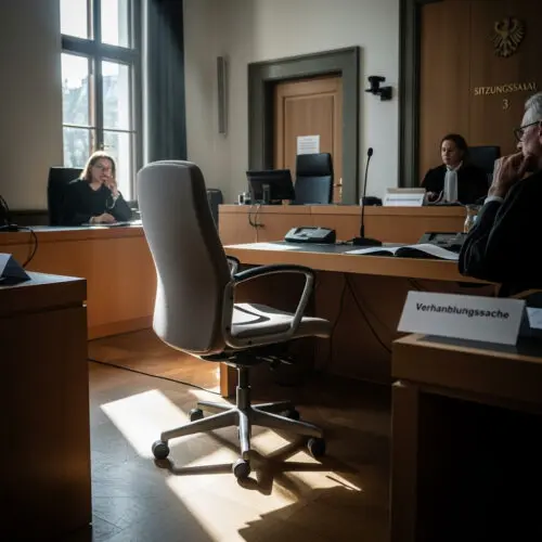 Ein leerer Drehstuhl in einem Verhandlungsraum markiert die Abwesenheit des Dolmetschers, der unentschuldigt einen Gerichtstermin aufhielt. Nur dank einer juristischen Feinheit der fehlenden Ladung entging er dem verhängten Ordnungsgeld.