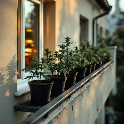 Sechs Cannabispflanzen in schwarzen Töpfen auf typischem deutschen Wohnbalkon