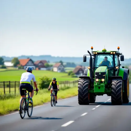Traktor überholt zwei Radfahrer auf einer ländlichen Straße mit typischer deutscher Architektur im Hintergrund.