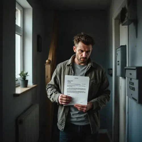 Mann im Flur eines deutschen Wohnhauses, hält Gerichtsbrief, wirkt angespannt und besorgt.
