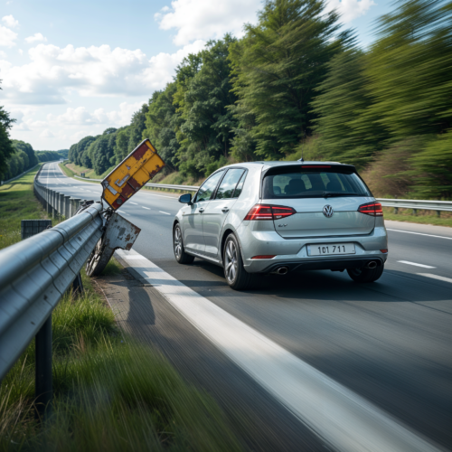 Silberner Volkswagen Golf beschleunigt nach einem Zusammenstoß auf der Autobahn, beschädigte Leitplanke im Hintergrund.