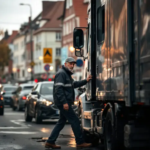 Mann in Arbeitskleidung verlässt unfreiwillig Unfallszene mit beschädigtem Lieferwagen in deutscher Stadt.