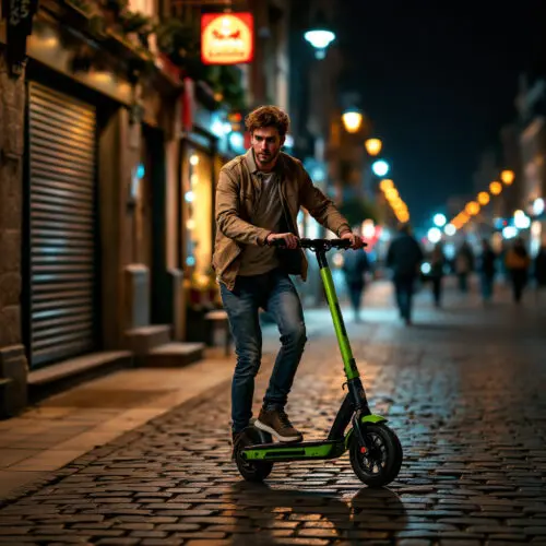 Junger Mann auf einem E-Scooter auf Kopfsteinpflaster, wirkt unsicher; abends, schwaches Licht, Fußgänger im Hintergrund.