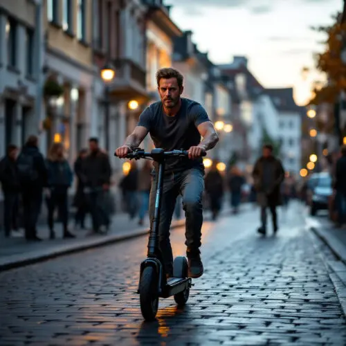 Mann fährt alkoholisiert auf einem E-Scooter über eine Kopfsteinpflasterstraße in Kaiserslautern.