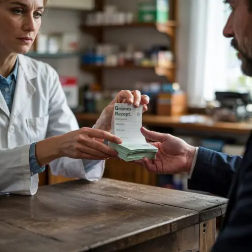 Apotheker übergibt grüne Rezepte an zivil gekleidete Person bei Berliner Apotheke, symbolisiert rechtliche & Betrugsfrage.
