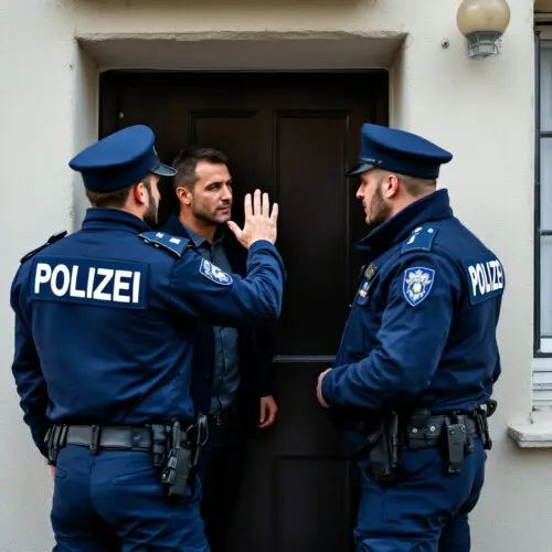 Polizei Betretungsverbot vor Haus: Mann wird an Zutritt gehindert. Hausdurchsuchung, Rechtmäßigkeit, Corona-Betrug.