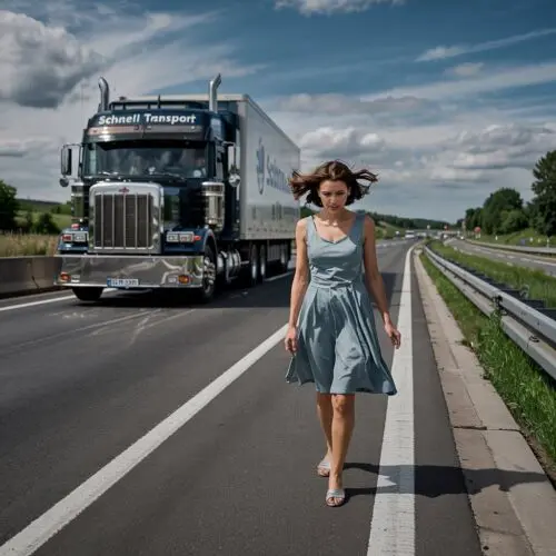 Frau am Rand der deutschen Autobahn setzt Fuß auf Fahrbahn, bei greller Mittagssonne und nahendem LKW, symbolisiert Gefahr.