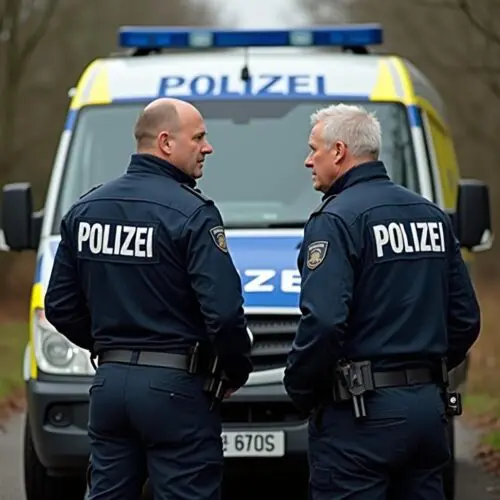 Polizeieinsatz vor dunkler Wohnungstür bei Nacht, schockierter Bewohner, Polizisten mit Durchsuchungsbeschluss