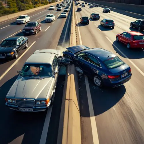 Ein Mann blickt schockiert auf die frontal kollidierten Wracks eines Audi und eines Mercedes, die sich nach einem riskanten Beschleunigungsstreifen-Manöver auf der Autobahn verkeilt haben.