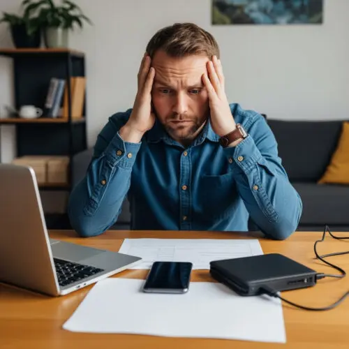 Ein vom Landgericht Gera als Betroffener der rechtswidrigen Beschlagnahme anerkannter Mann ringt sichtlich mit den Auswirkungen des langwierigen Verfahrens um die Herausgabe seiner digitalen Datenträger.