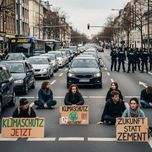 Klimaaktivisten führen eine Straßenblockade durch, eine Aktion, die ihnen später in Strafbefehlen als Nötigung zur Last gelegt wird, während Vollstreckungsbeamte die Situation überwachen.