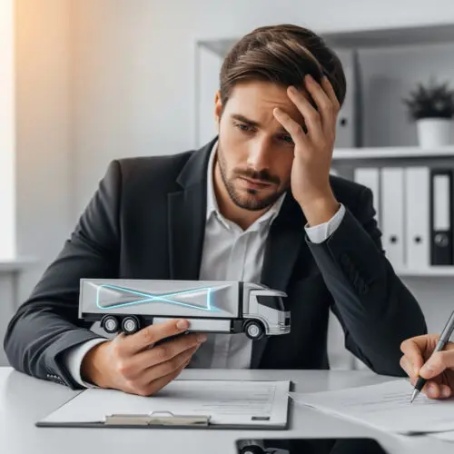 Ein geschädigter Investor prüft angespannt das Modell eines Wasserstoff-Lkw, Symbol des Millionenbetrugs, während auf Dokumenten am Tisch die formellen Gründe für die endgültige Zurückweisung seines Klageerzwingungsantrags festgehalten werden.