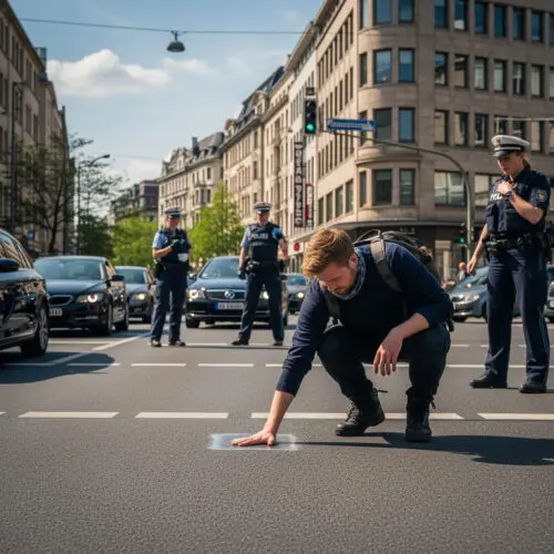 Ein Protestierender kniet auf der Fahrbahn und bestätigt die Haftung seiner Klebeverbindung, während im Hintergrund Polizeibeamte zur Beendigung seines Widerstands gegen die Vollstreckung bereitstehen.