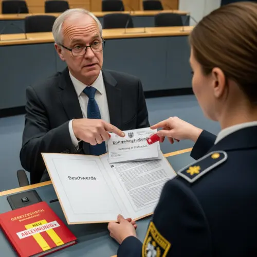 Ein gesetzlicher Betreuer legt einer uniformierten Justizbeamtin eine Beschwerde gegen den Bewährungswiderruf seines Schützlings vor und verweist dabei auf ein entscheidendes Dokument in der offenen Akte.