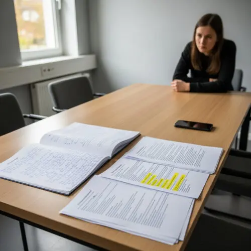 Eine Anwältin prüft Beweismängel in Akten, um ein Strafurteil wegen sexuellen Missbrauchs bei Revision anzufechten.