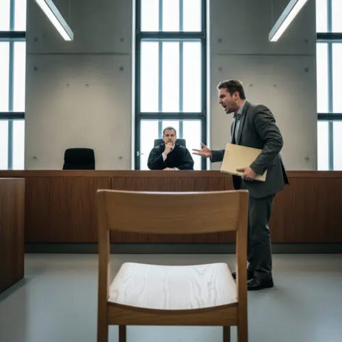 Der Richter prüft die Verwerfung der Berufung, weil der anwesende Angeklagte durch störendes Verhalten die Mitwirkung verweigert.