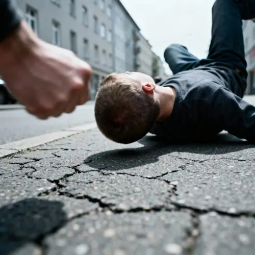 Ein Opfer liegt nach dem Faustschlag auf dem Asphalt. Das Gericht prüft, ob die lebensgefährdende Behandlung durch den Sturz vorsätzlich war.