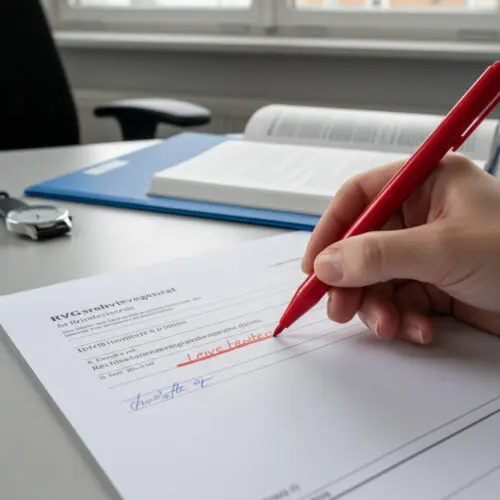 Mit dem roten Stift markiert das Gericht die unbillige Mittelgebühr des Anwalts zur Kürzung der Kostenfestsetzung.