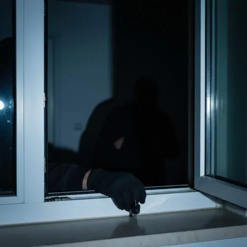 Einbrecher öffnet ein Fenster
