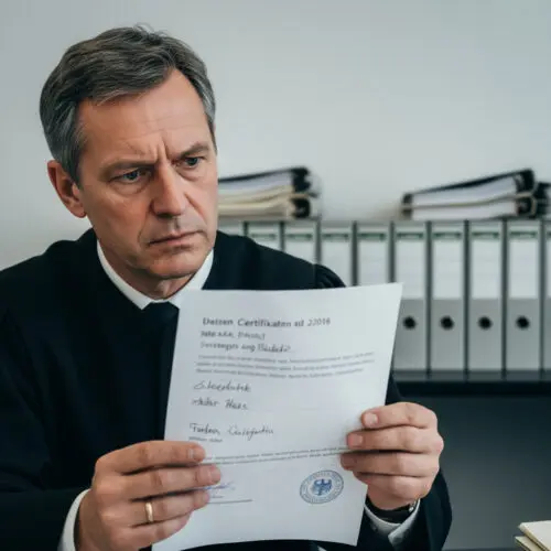 Der Anwalt prüft das Verwerfungsurteil und plant den Antrag auf Wiedereinsetzung in den vorigen Stand wegen Krankheit.