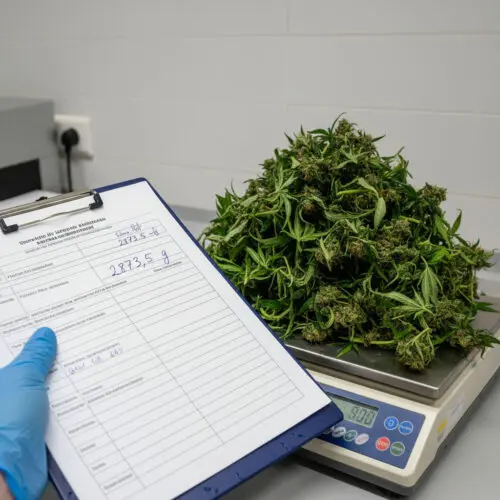 Ein großer, nasser Klumpen Cannabispflanzenmaterial auf einer Waage; das hohe Gewicht wird auf einem Protokoll notiert.