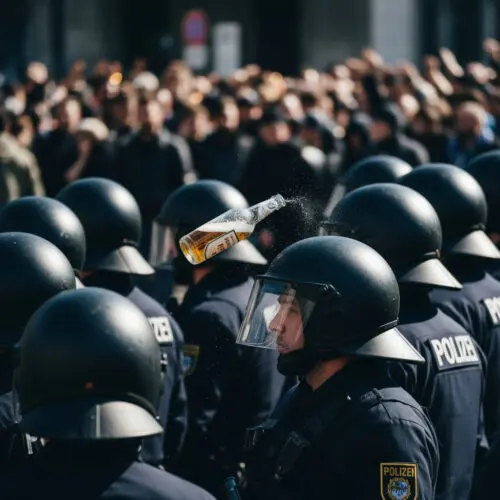 Eine halbvolle Glasbierflasche prallt auf den Schutzhelm eines uniformierten Polizisten.