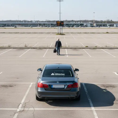 Ein hastig gehender Mann lässt einen makellosen Premium-Mietwagen auf einem leeren, sonnigen Flughafenparkplatz zurück.