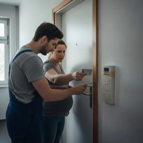 Eine schwangere Frau hält einen Ausweis, während ein Handwerker konzentriert das Schloss einer Etagenwohnungstür öffnet.