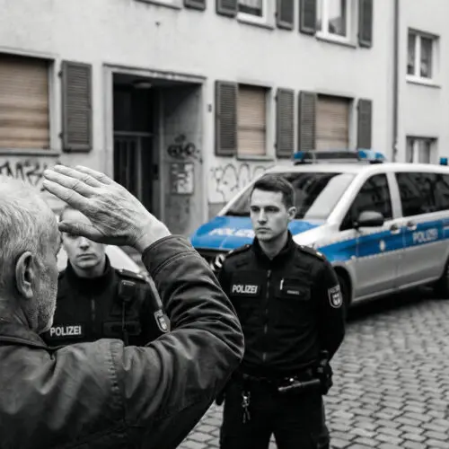 Ein Bürger macht mit einer wischenden Handbewegung die Scheibenwischer-Geste direkt vor den Gesichtern uniformierter Polizisten.