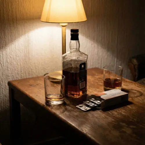 Eine ungeordnete Nahaufnahme zeigt eine Whiskeyflasche, ungleich gefüllte Gläser und eine offene Medikamentenschachtel auf einem späten Abendtisch.