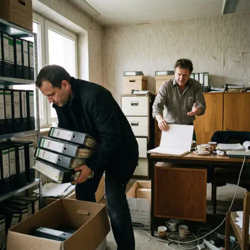 Hektisch packt ein Ermittler alte Ordner in eine Kiste, während ein Mann irritiert auf ein leeres Blatt Papier deutet.