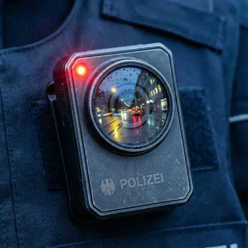 Nahaufnahme einer Polizei-Bodycam an einer Uniform mit leuchtendem Aufnahmelicht.