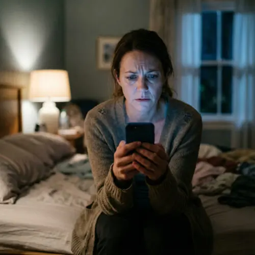 Eine besorgte Frau sitzt abends im Dunkeln auf der Bettkante und liest Nachrichten auf ihrem Smartphone.