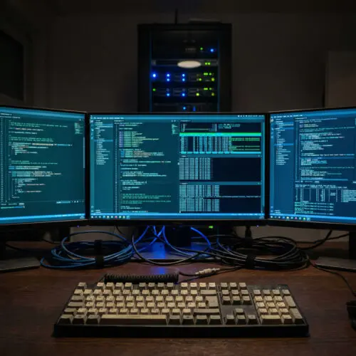 Kühl leuchtende Monitore mit komplexen Datenstrukturen und Software-Code an einem abgedunkelten IT-Arbeitsplatz.