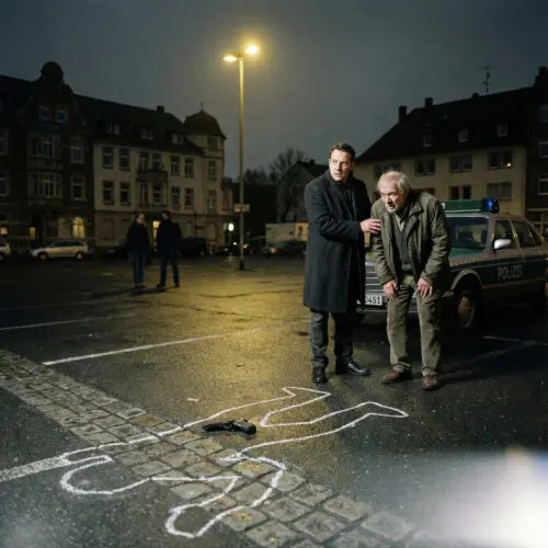 Anwalt mit Hand auf der Schulter eines Seniors blickt im Lichtkegel auf eine markierte Schusswaffe auf Asphalt.