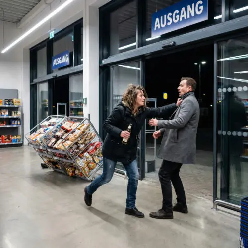 Die Hand einer flüchtenden Frau umklammert ein Parfümfläschchen und stößt eine Zeugin rücksichtslos beiseite.