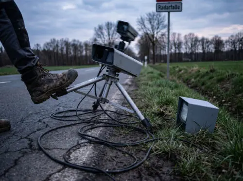 Ein Mann versetzt dem Metallstativ einer mobilen Blitzanlage an einer Landstraße einen heftigen Tritt.