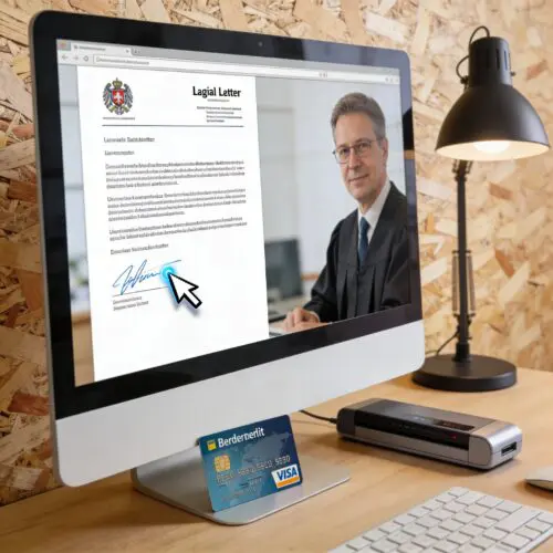 Ein Mauszeiger zieht am Monitor eine digitale Unterschrift gezielt in ein Dokument mit fremdem Anwalts-Briefkopf.