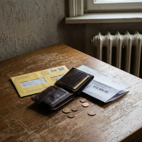 Wenige Kupfermünzen in einem abgewetzten Geldbeutel liegen neben einer hohen Euro-Forderung auf einem alten Holztisch.
