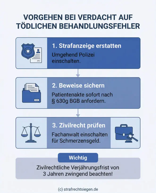 Infografik: Schritt-für-Schritt-Plan für Angehörige bei Verdacht auf tödliche Behandlungsfehler. Zeigt drei Schritte: 1. Strafanzeige zur Obduktionssicherung erstatten, 2. Patientenakte anfordern, 3. Zivilrechtliche Ansprüche prüfen. Mit dem wichtigen Hinweis auf die dreijährige Verjährungsfrist.