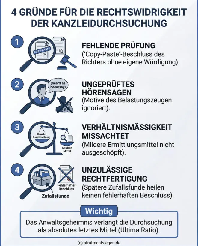 Infografik: 4 Gründe für die Rechtswidrigkeit der Kanzleidurchsuchung. Die Grafik listet vier Fehler auf: Fehlende richterliche Prüfung (Copy-Paste-Beschluss), ungeprüftes Hörensagen, Missachtung der Verhältnismäßigkeit (mildere Mittel ignoriert) und unzulässige nachträgliche Rechtfertigung durch spätere Funde.