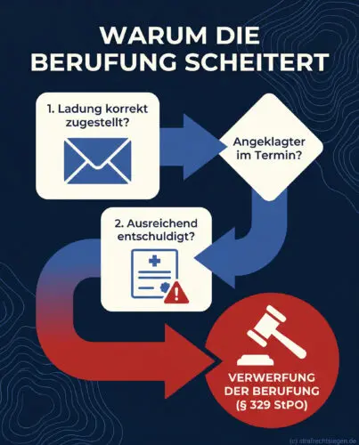 Infografik zum Ablauf der Berufungsverwerfung: Ladung, Erscheinen und Entschuldigung als Voraussetzungen nach § 329 StPO.