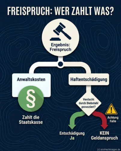 Infografik zum Freispruch: Kostenübernahme der Anwaltskosten durch den Staat vs. Verlust der Haftentschädigung bei Diebstahl.