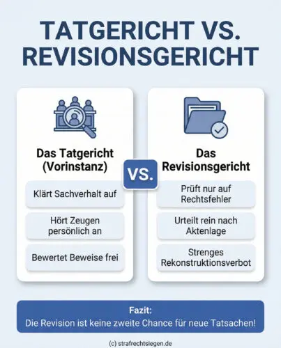Infografik: Gegenüberstellung der Aufgaben von Tatgericht und Revisionsgericht im Strafprozess.